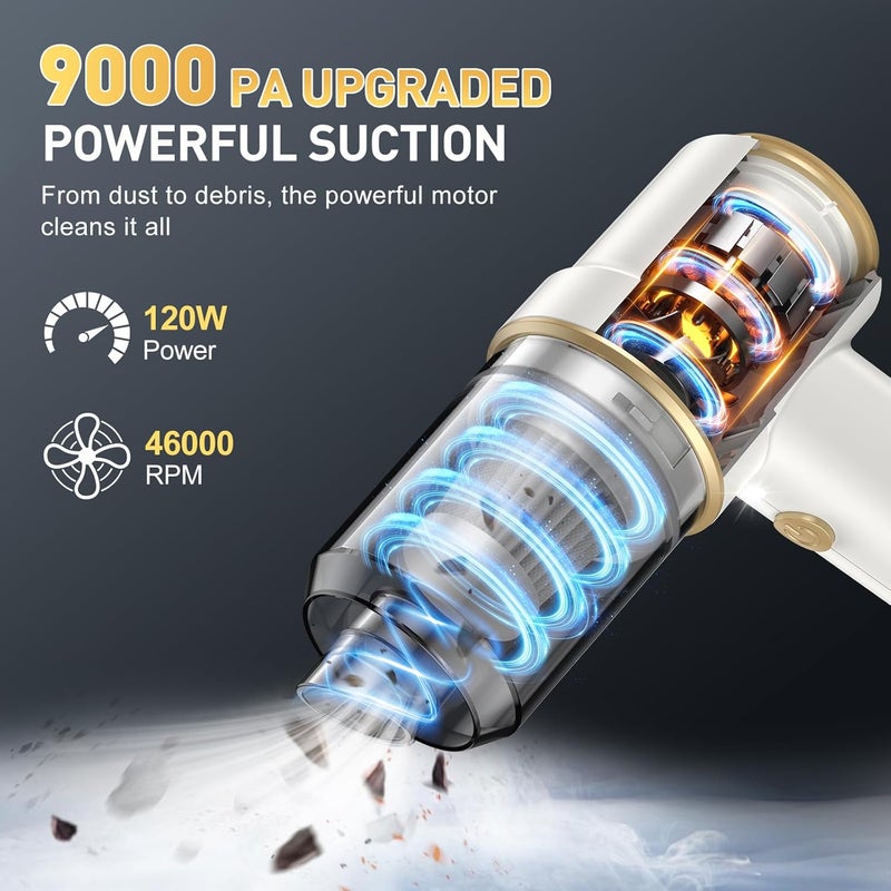 MM Handheld Car Vacuum Cleaner, 9000PA Vacuum Cleaner & Air Duster, 120W High Power Vacuum Portable Cordless, Hand Held Vacuum Rechargeable with Multi-Nozzles & LED Light for Home, Car, Office - Image 2